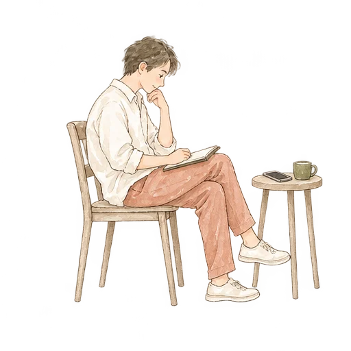 約三十五歲的男子坐在木椅上查看行事曆，先確認時間再回覆小桌上的手機