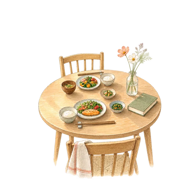 兩人份的家常飯菜擺在圓桌上,旁邊放著一本書與一小瓶花。
